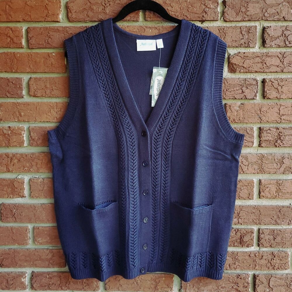 NWT Navy Blue Sweater Vest Womens 1X Classic Button Up Pockets Acrylic National